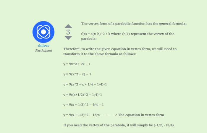 Which equation is y = 9x^2 + 9x – 1 rewritten in vertex form